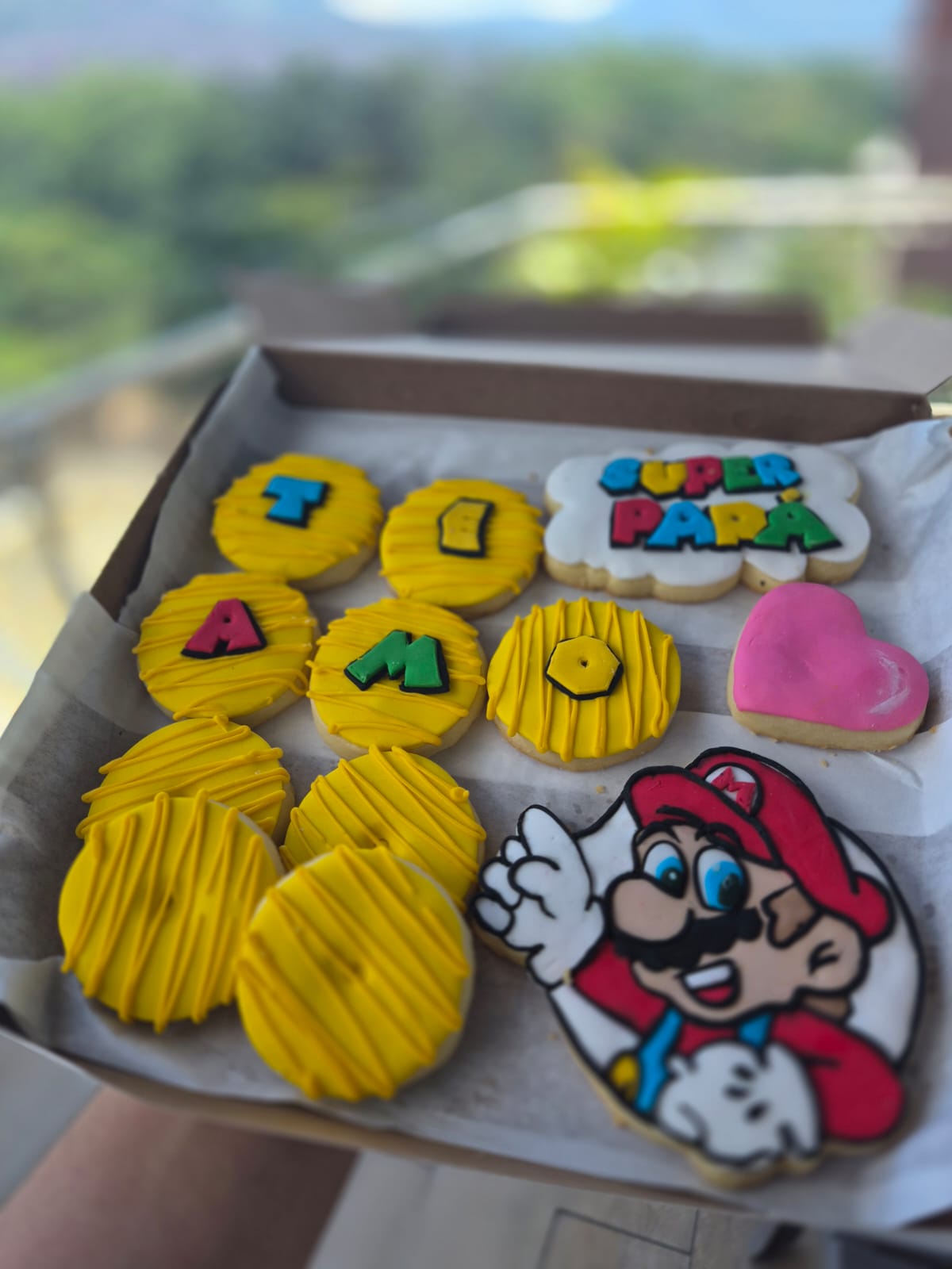 Caja de galletas decoradas con Super Mario y mensajes para papá