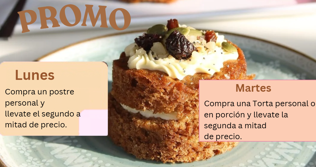 Promoción de lunes y martes de Celestial: el segundo postre o torta a mitad de precio según el día. Consulta las condiciones junto a esta imagen.